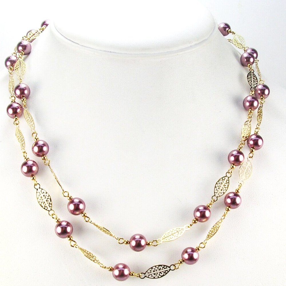 Kenneth Jay Lane Necklace Mocha Faux Pearl & Gold Plated Filigree 36" NWOT 17916